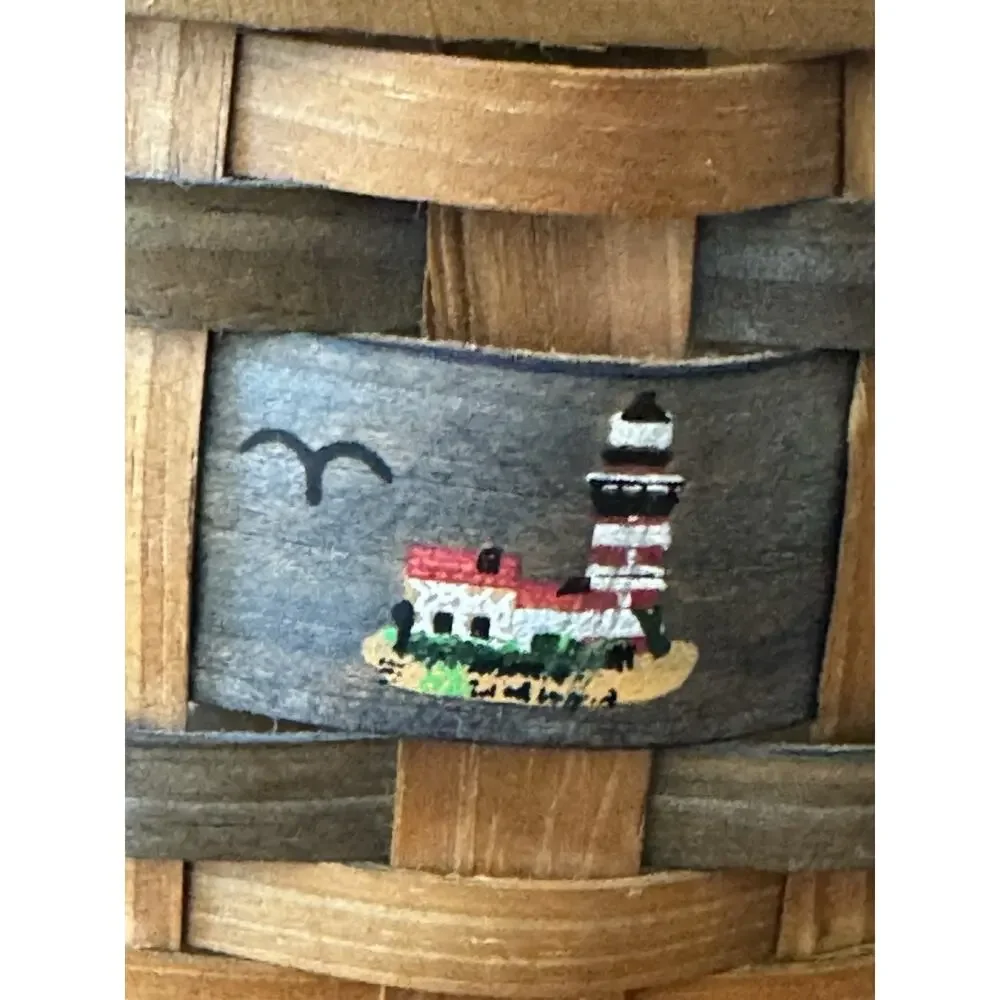 VTG Farmhouse Woven Splint Wood Basket Painted Lighthouses Nautical Coastal